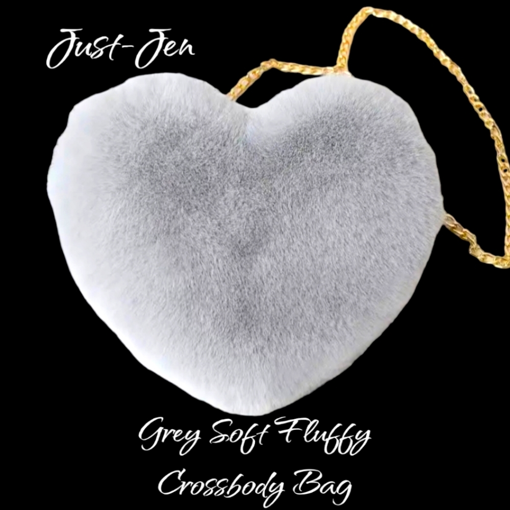 Cute Heart Shaped Soft and Fluffy Grey Crossbody Shoulder Bag!!